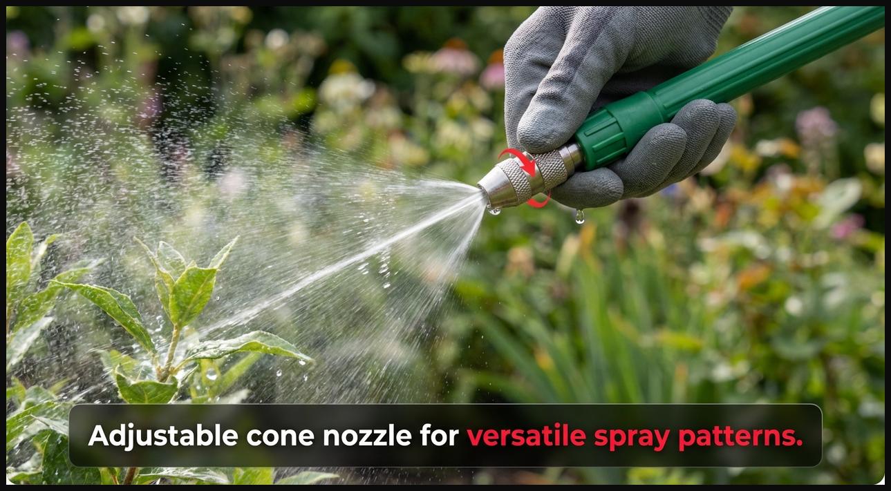 Close-up of an adjustable cone nozzle on a garden sprayer, showing its capability to switch between mist and solid stream patterns.