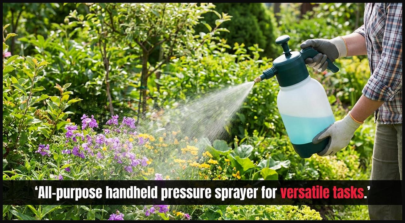 A balanced, all-purpose handheld pressure sprayer in use for general garden maintenance, demonstrating its versatility.