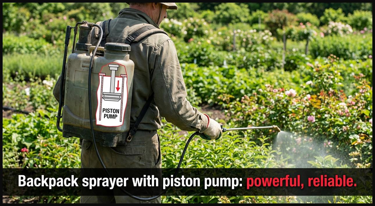 Gardener wearing a robust backpack sprayer, with an emphasis on its internal piston pump mechanism for consistent pressure and durability.
