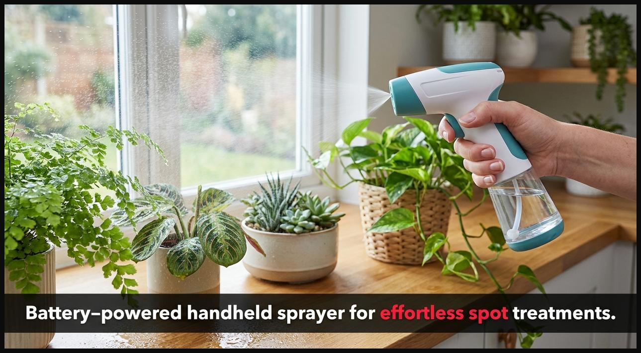 Hand holding a compact battery-powered handheld sprayer, misting delicate indoor plants with ease and precision.