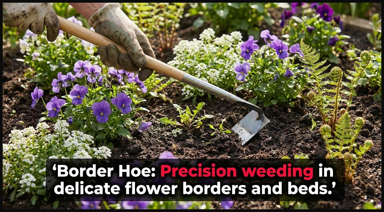 A small, refined border hoe being used for careful weeding and cultivation around delicate ornamental plants in a flower border.