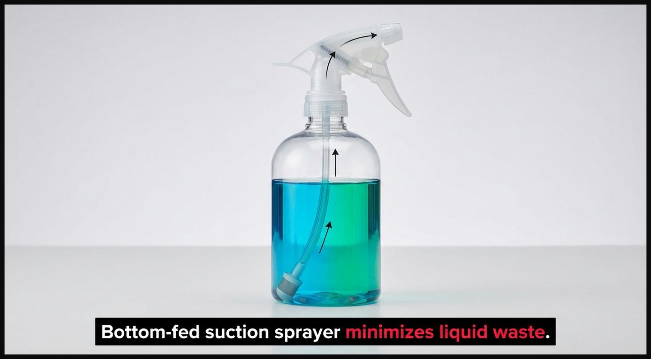 Conceptual image of a bottom-fed suction sprayer, showing the intake tube reaching the very bottom of the tank to maximize product use.