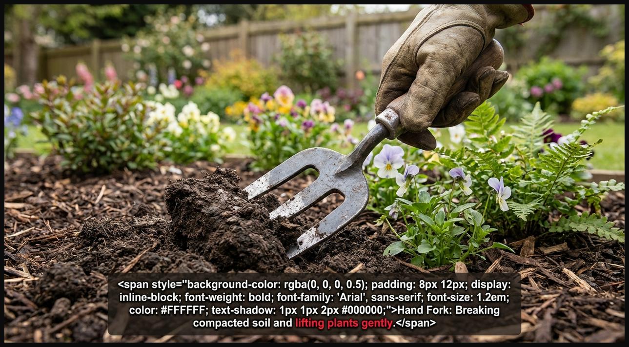 A gardener using a hand fork with sturdy tines to break up a clump of compacted soil in a flower bed, showing its effectiveness.