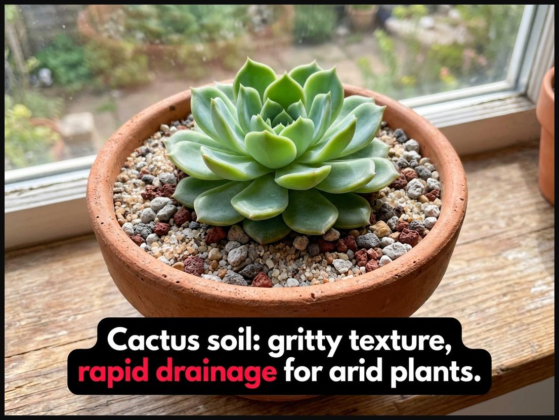 A healthy succulent plant in a pot, clearly displaying the gritty, sandy, fast-draining soil mix essential for arid plants.