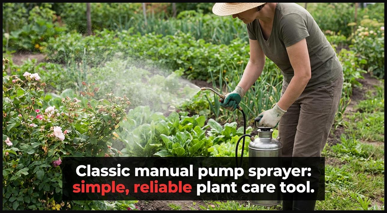 Gardener using a classic manual pump sprayer to water plants in a vibrant garden, demonstrating its simple and reliable operation.