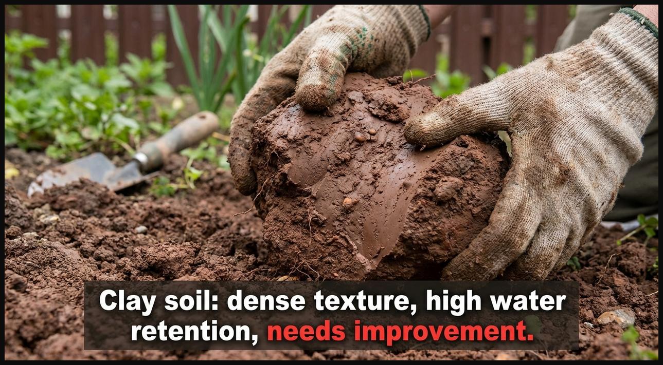 A gardener's hands struggling to break apart a heavy, reddish-brown clump of clay soil, highlighting its dense texture and compaction issues.