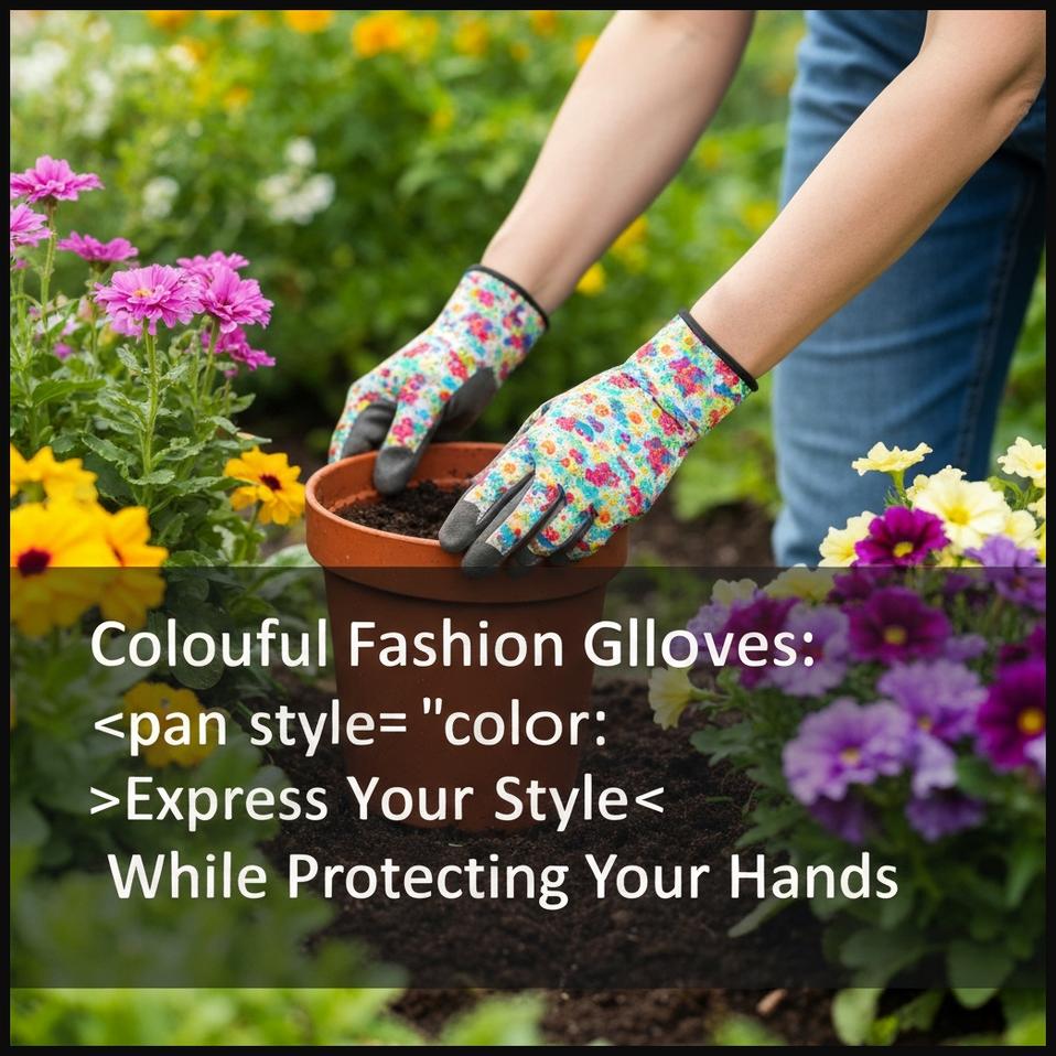 Hands in brightly colored and patterned fashion gardening gloves planting flowers.