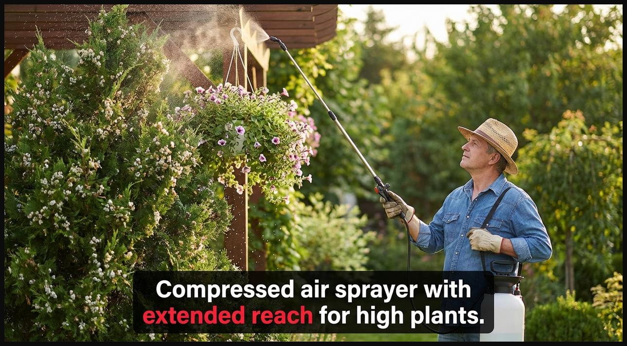 Gardener operating a compressed air sprayer with an extended wand to reach and treat tall shrubs or hanging baskets easily.
