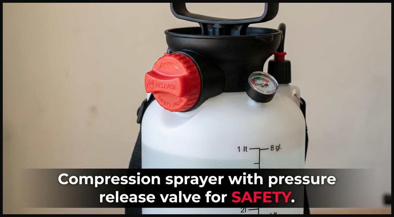 Close-up view of a compression garden sprayer, showing its integrated pressure release valve designed for safe operation.