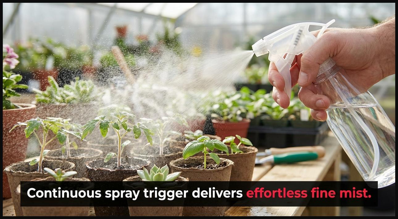Hand using a continuous spray trigger sprayer to gently mist delicate seedlings with a sustained, ultra-fine spray.