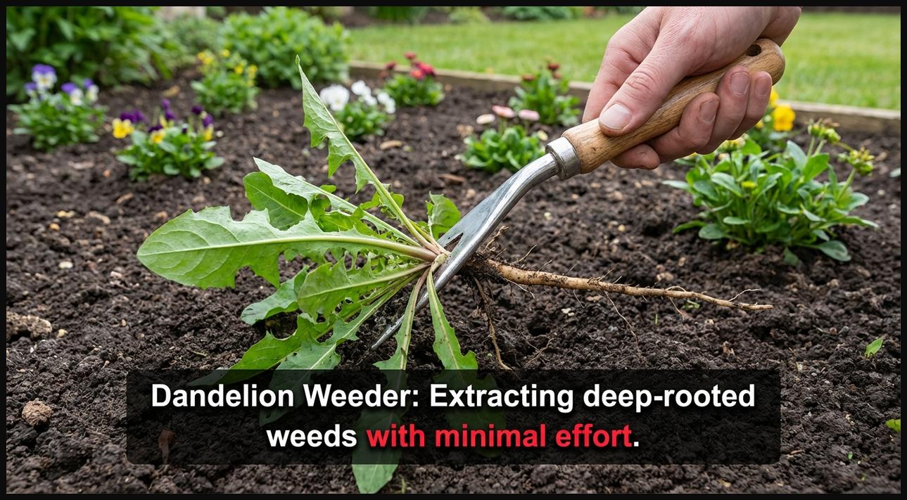 A dandelion weeder with a V-shaped tip pulling out a weed with its full taproot from a neat garden bed, illustrating precise weed removal.