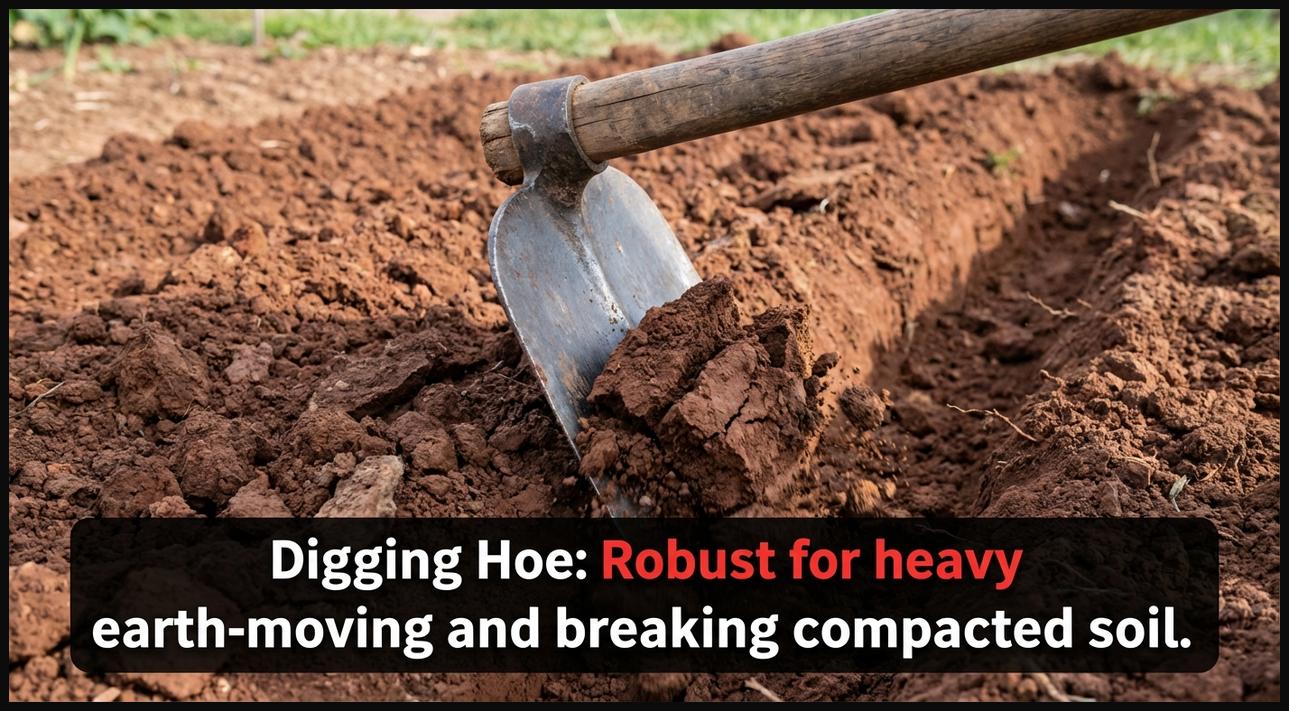 A heavy-duty digging hoe with a robust blade, shown breaking up a large patch of compacted soil and preparing a new garden bed.