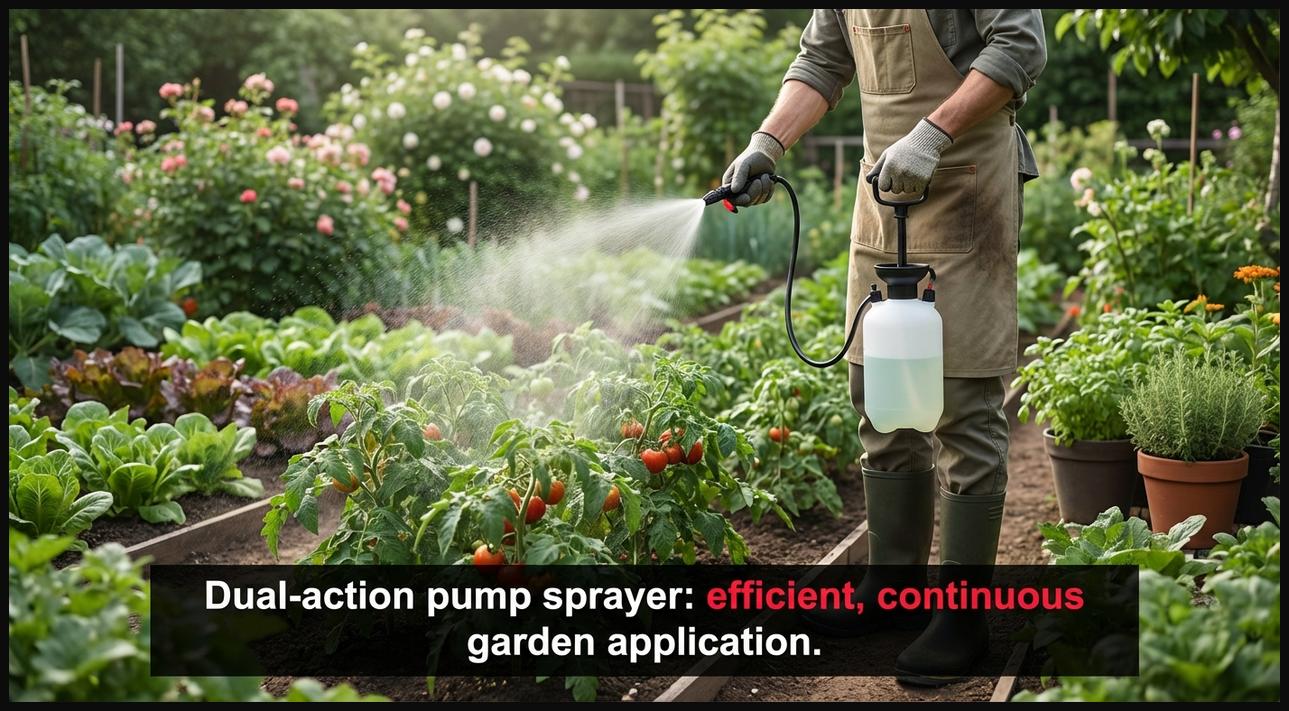 Gardener demonstrating the use of a dual-action pump sprayer, showing liquid spraying on both pump strokes for faster coverage.