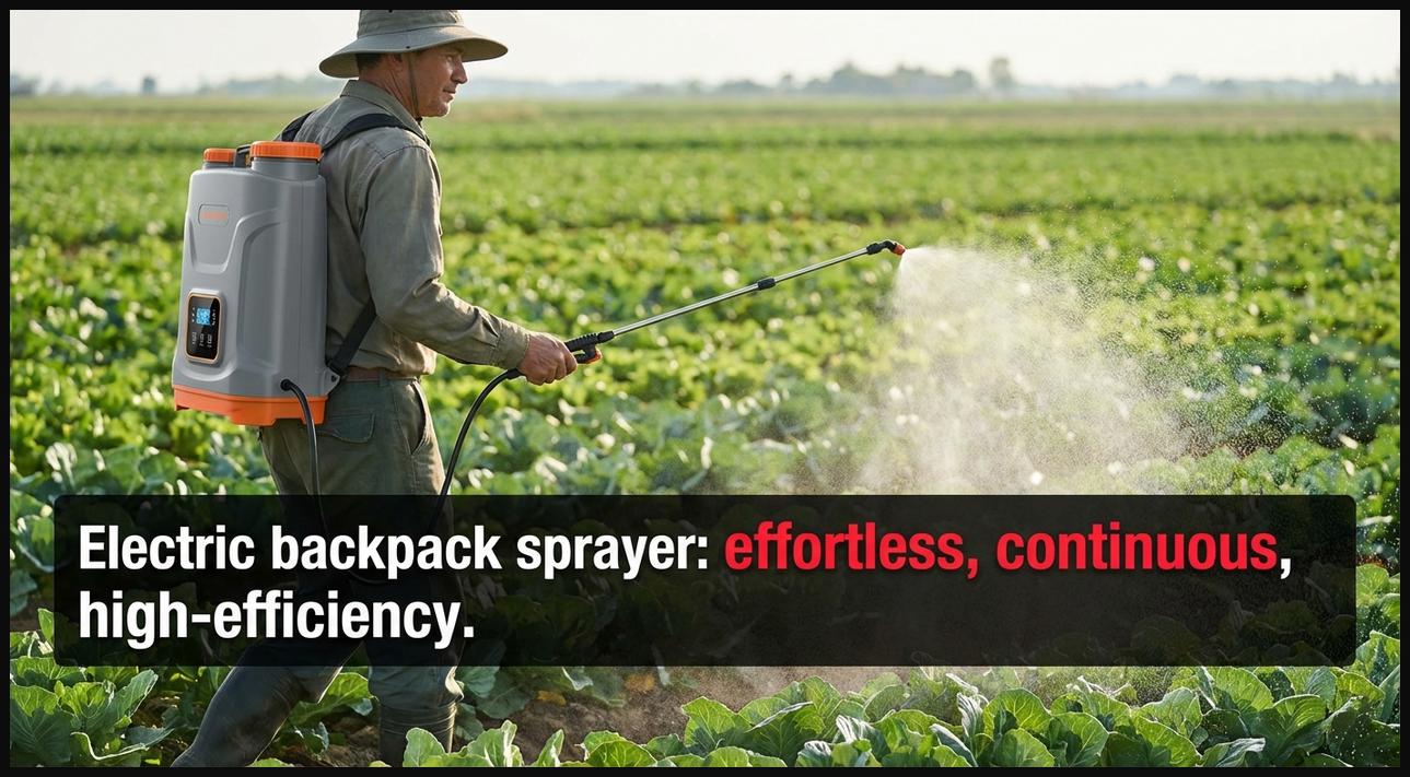 Gardener wearing an electric backpack sprayer, effortlessly spraying a large garden with a continuous stream, highlighting high efficiency.