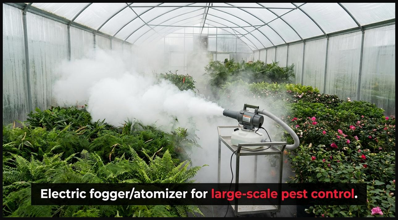 Electric fogger emitting a fine mist for large-scale pest and disease control inside a spacious greenhouse.