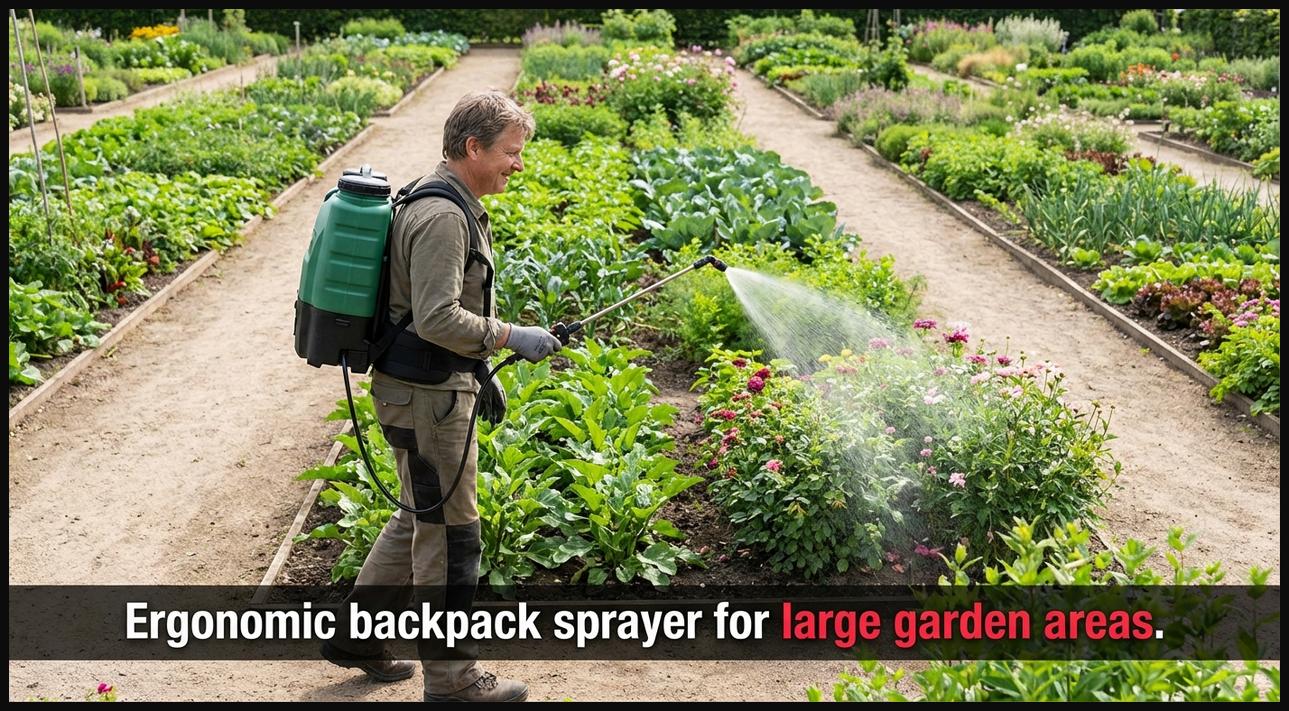 Person comfortably wearing an ergonomic backpack sprayer, covering extensive garden beds efficiently in a large garden.