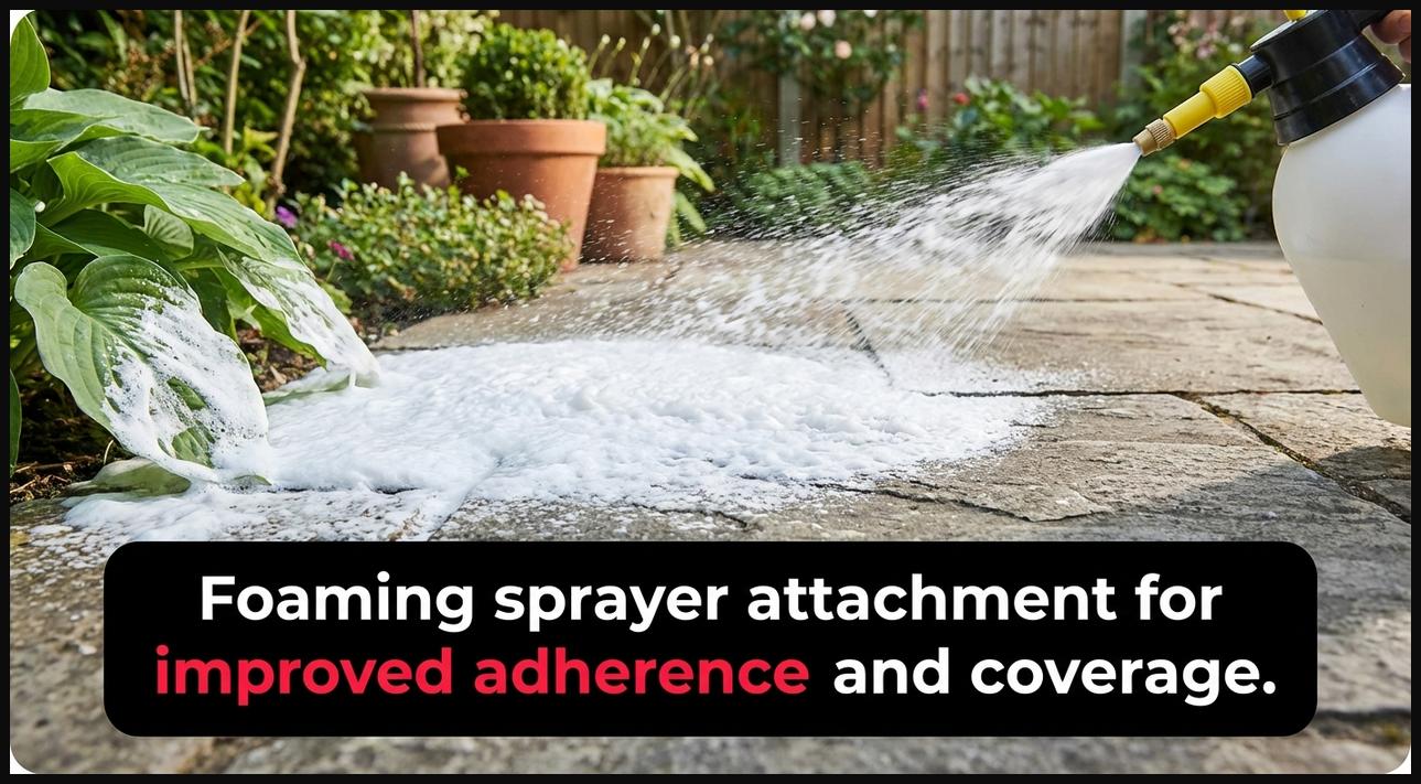 Foaming sprayer attachment delivering thick, white foam onto a garden surface, demonstrating improved adherence and coverage.