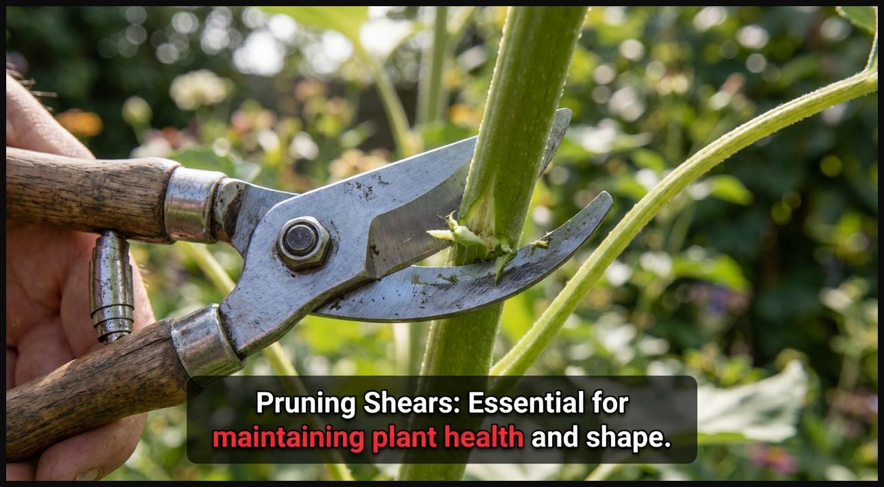 Close-up of bypass pruning shears making a clean cut on a green plant stem, with blurred garden foliage in the background.