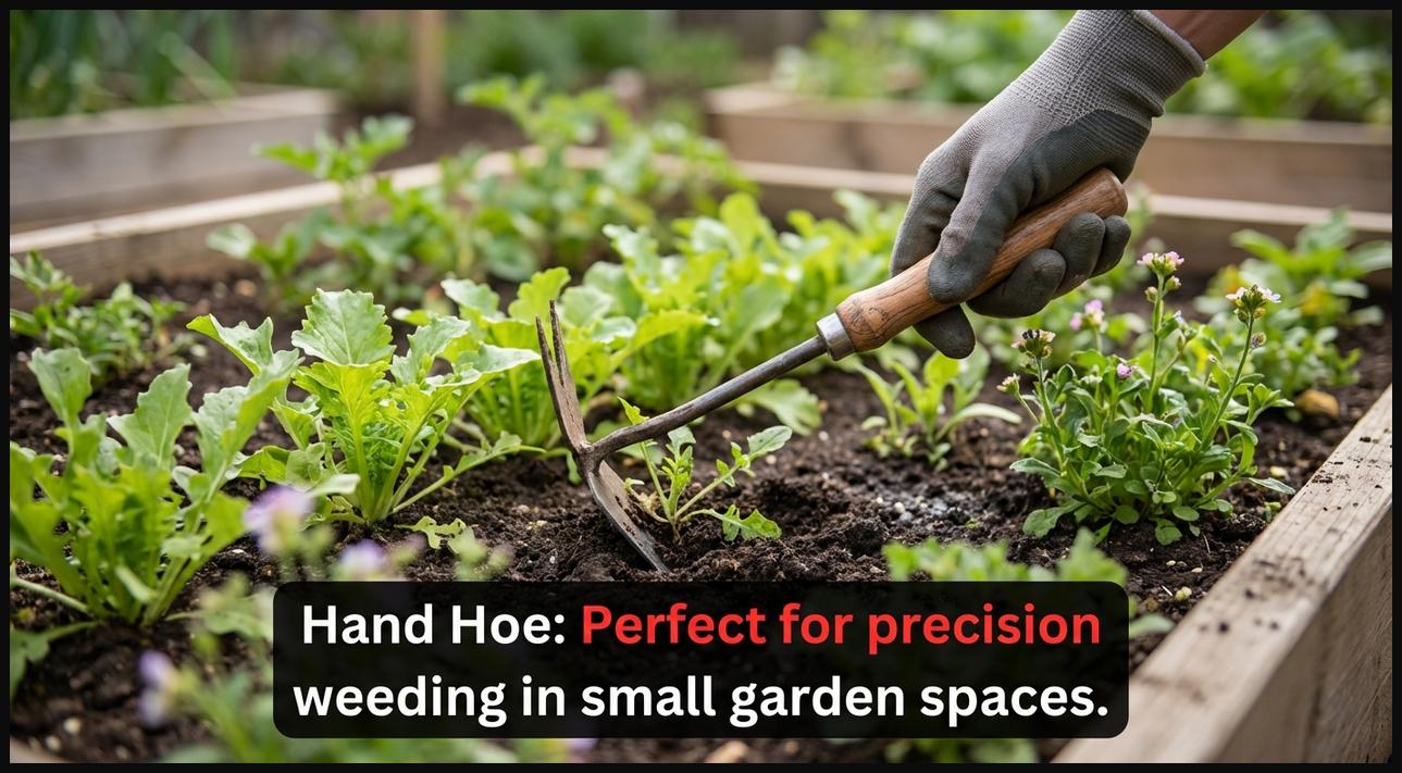 A gardener's hand holding a compact hand hoe, demonstrating its use for precise weeding and cultivation in a raised garden bed.