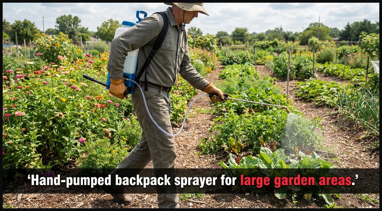 Gardener operating a hand-pumped backpack sprayer in a spacious garden, demonstrating its use for extended spraying sessions.
