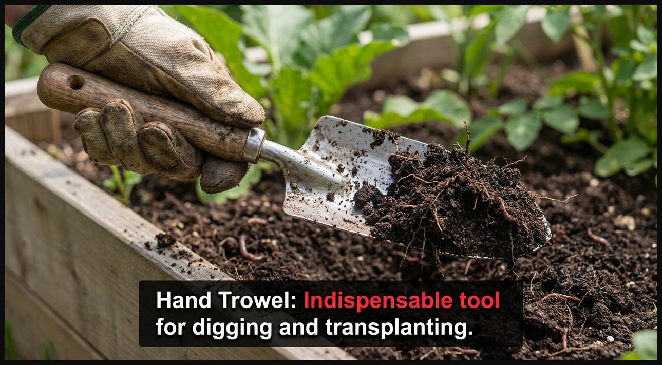 Close-up of a gardener's hand using a sturdy hand trowel to dig into dark, rich soil in a garden bed, with green foliage in the background.
