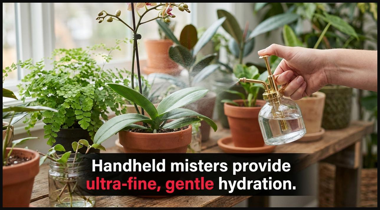 Elegant handheld mister creating an ultra-fine, gentle mist over delicate orchid leaves, perfect for hydration without disturbance.