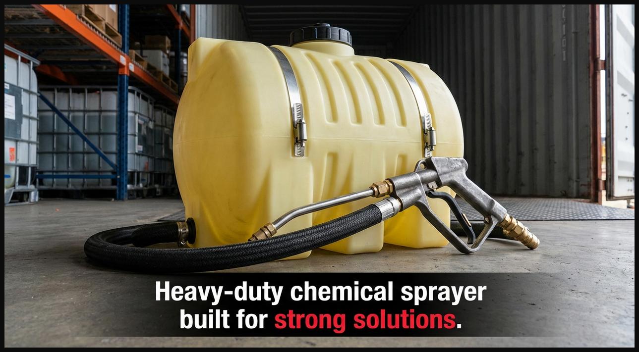 A robust heavy-duty chemical sprayer, featuring a chemical-resistant tank, reinforced seals, and hose for safe handling of potent solutions.