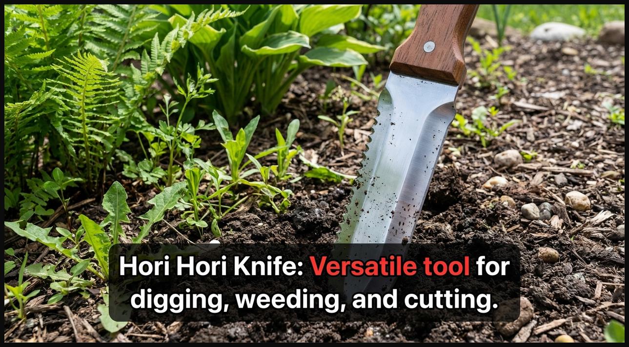 A Hori Hori knife with its serrated and sharp edges visible, partially inserted into garden soil next to some plants, demonstrating its multi-purpose use.