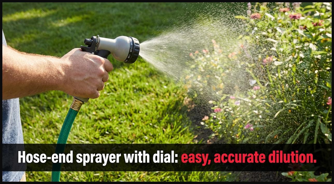 Hose-end sprayer connected to a garden hose, with a clear dial for setting automatic dilution ratios, spraying a lawn.