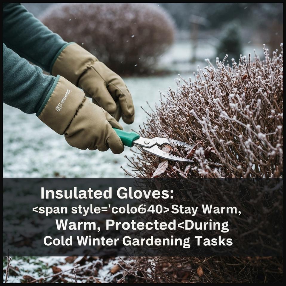 Hands in thick, insulated winter gardening gloves pruning a dormant bush in a frosty garden.