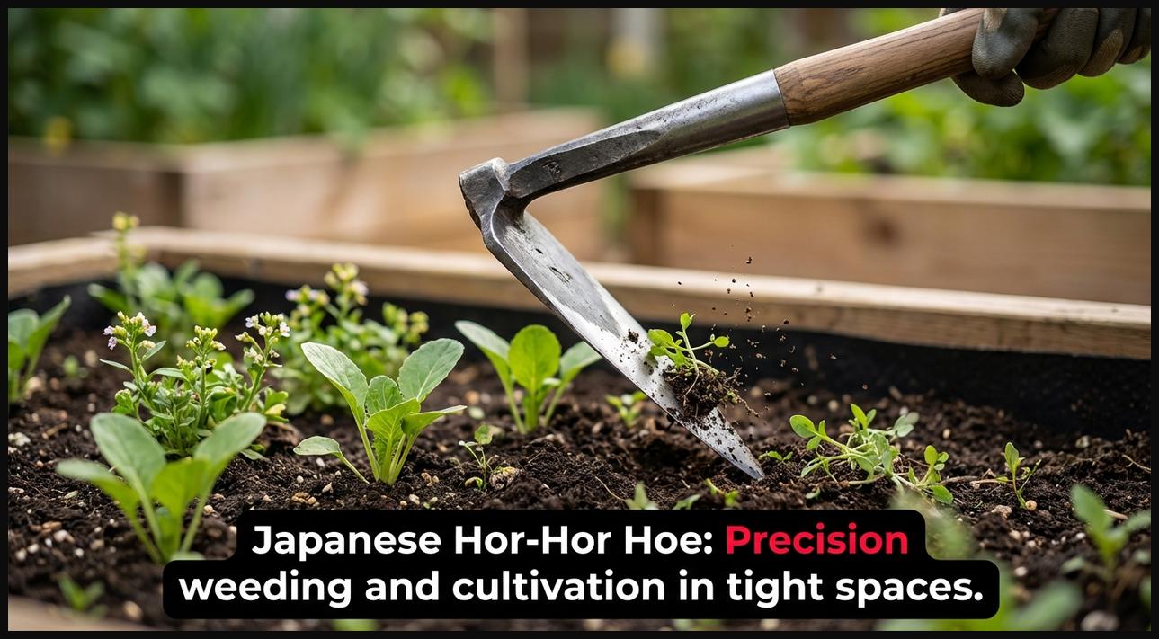 Close view of a Japanese weeding hoe (Hor-Hor) with its distinctive sharp, angled blade used for precise cultivation around delicate seedlings.