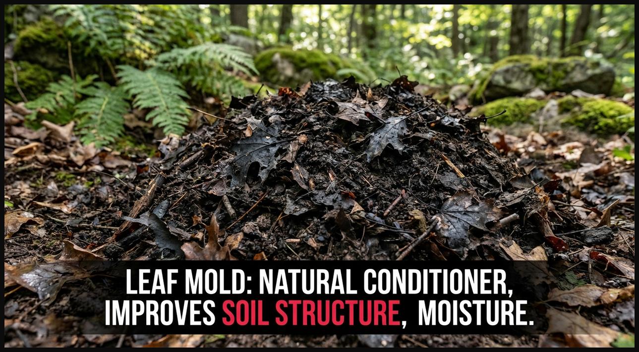 Close-up of a pile of dark brown, crumbly leaf mold, showcasing its decomposed texture and benefits as a natural soil conditioner.