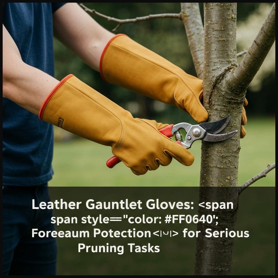 Hands in sturdy leather gauntlet pruning gloves using shears to cut a thick branch.
