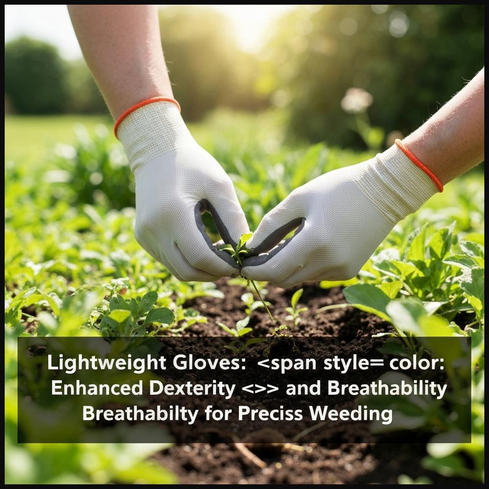 Hands in lightweight, breathable weeding gloves carefully pulling small weeds from a garden.