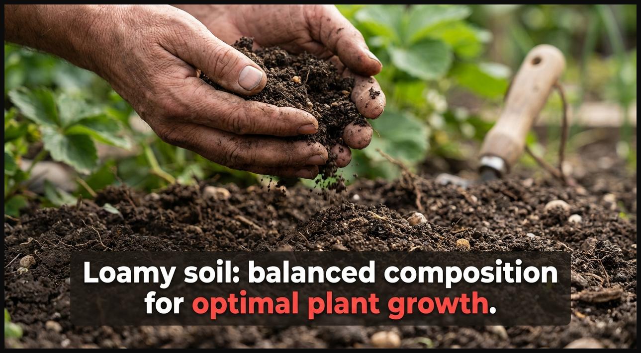 Close-up of hands sifting rich, dark loamy soil, indicating its balanced texture and ideal composition for gardening.