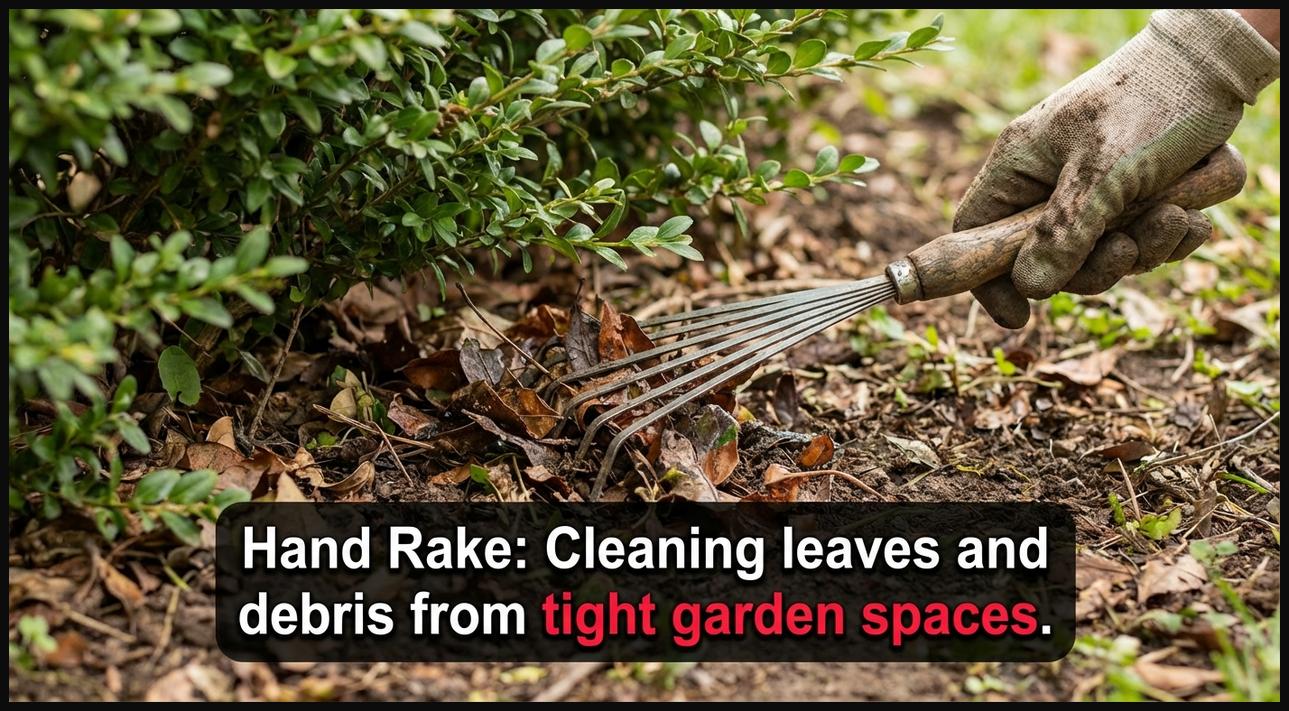 A small hand rake with fanned tines gathering fallen leaves from under a dense shrub in a garden bed, showing precision clean-up.
