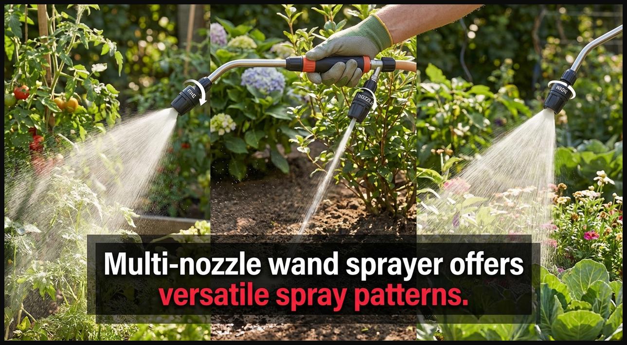 Extended wand of a multi-nozzle sprayer, showing adjustable settings for various spray patterns like mist, stream, and fan.