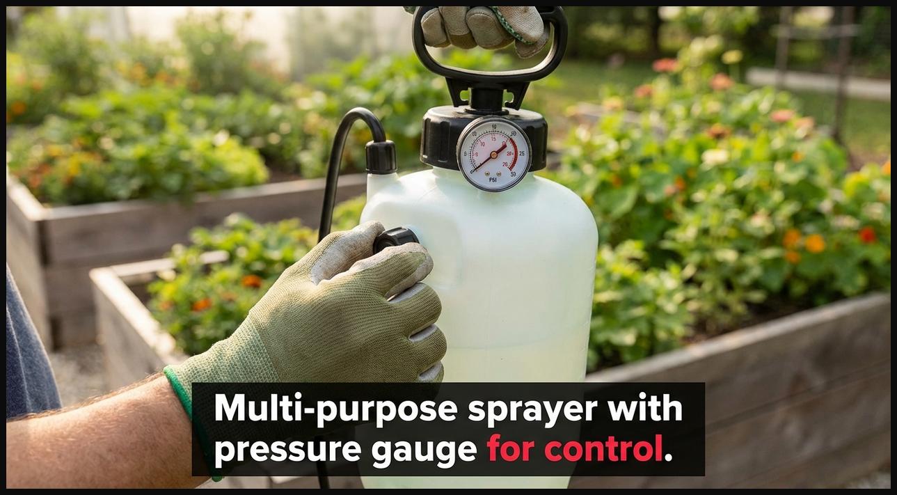 A multi-purpose garden sprayer featuring a visible pressure gauge for precise application control and optimized chemical use.