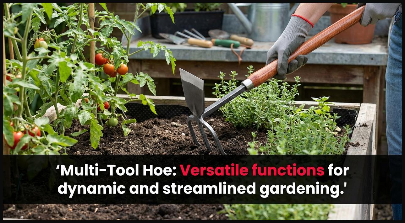 A multi-tool hoe displaying its versatile interchangeable heads or multi-edged blade, suitable for various gardening tasks.