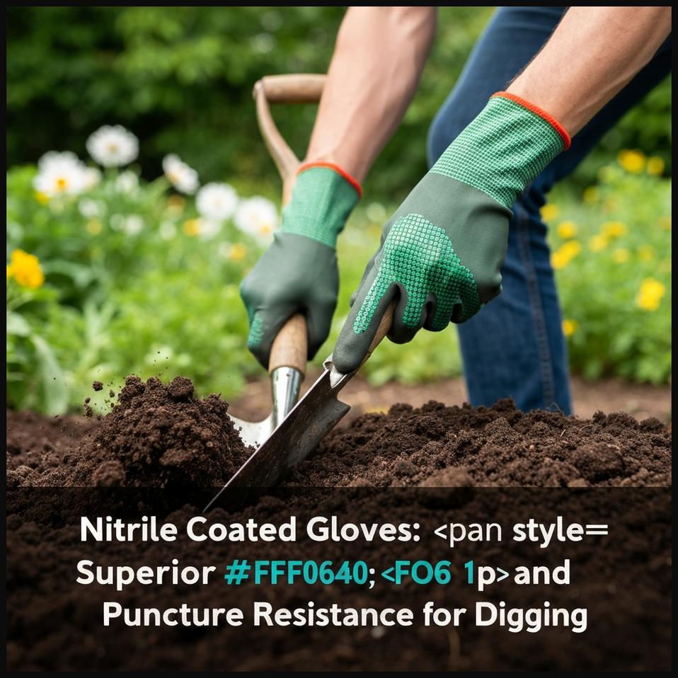 Hands wearing nitrile-coated digging gloves firmly gripping a garden spade in soil.