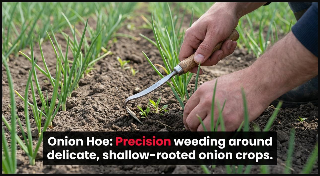 A gardener using a small, thin onion hoe for precise weeding in a row of young onion plants, minimizing disturbance to the crops.