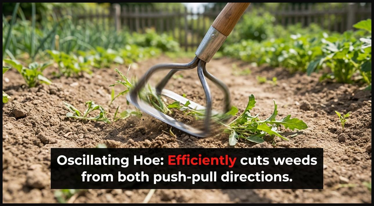 A gardener demonstrating an oscillating hoe, showing its double-edged, pivoting stirrup blade efficiently cutting weeds on a garden path.