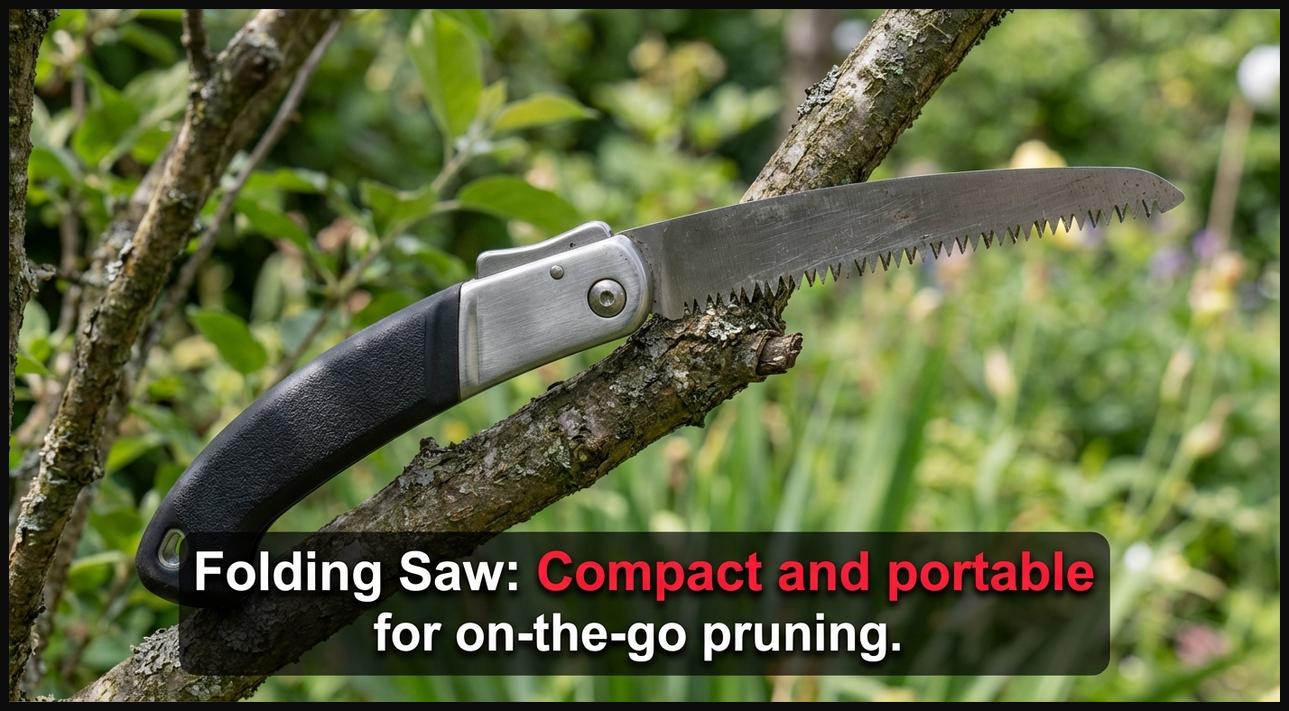 A sharp folding saw with its blade extended, resting on a small tree branch, ready for light pruning tasks, highlighting its portability.
