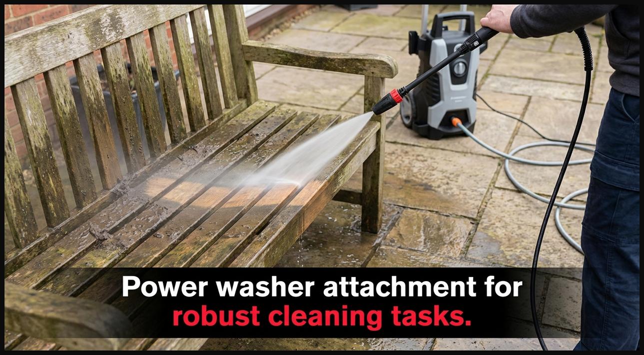 High-pressure power washer attachment spraying water to effectively clean a dirty garden pathway or outdoor furniture.