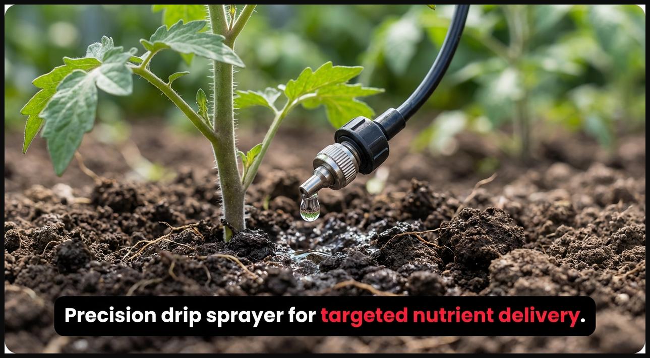 Close-up of a precision drip sprayer applying liquid directly to the base of a plant, ensuring targeted nutrient delivery and minimal waste.