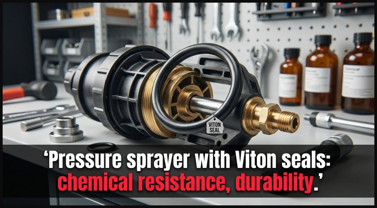 Detailed view of a durable pressure sprayer, highlighting its internal Viton seals for exceptional chemical resistance and longevity.