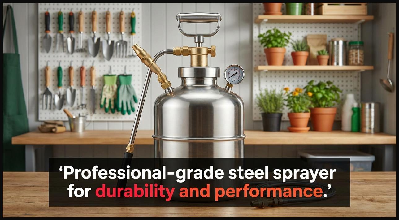 High-quality, professional-grade stainless steel garden sprayer with a robust and durable design, showcasing longevity.