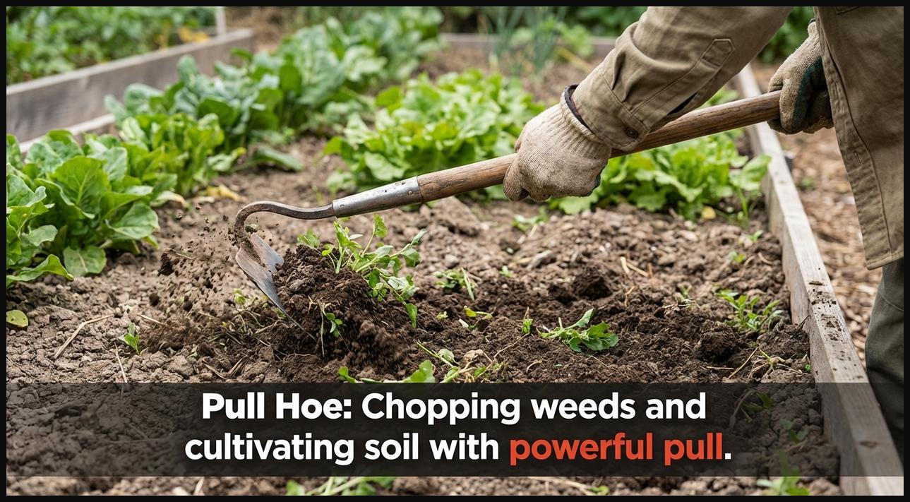 A gardener using a pull hoe with a strong drawing motion to chop weeds and cultivate soil deeply in a garden bed.