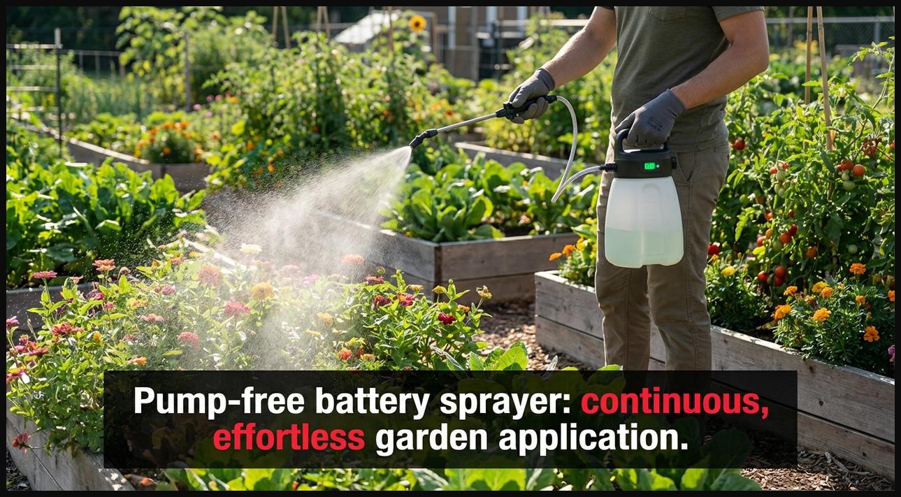 Gardener holding a modern pump-free battery sprayer, showing a steady, continuous spray without manual pumping, highlighting ease of use.