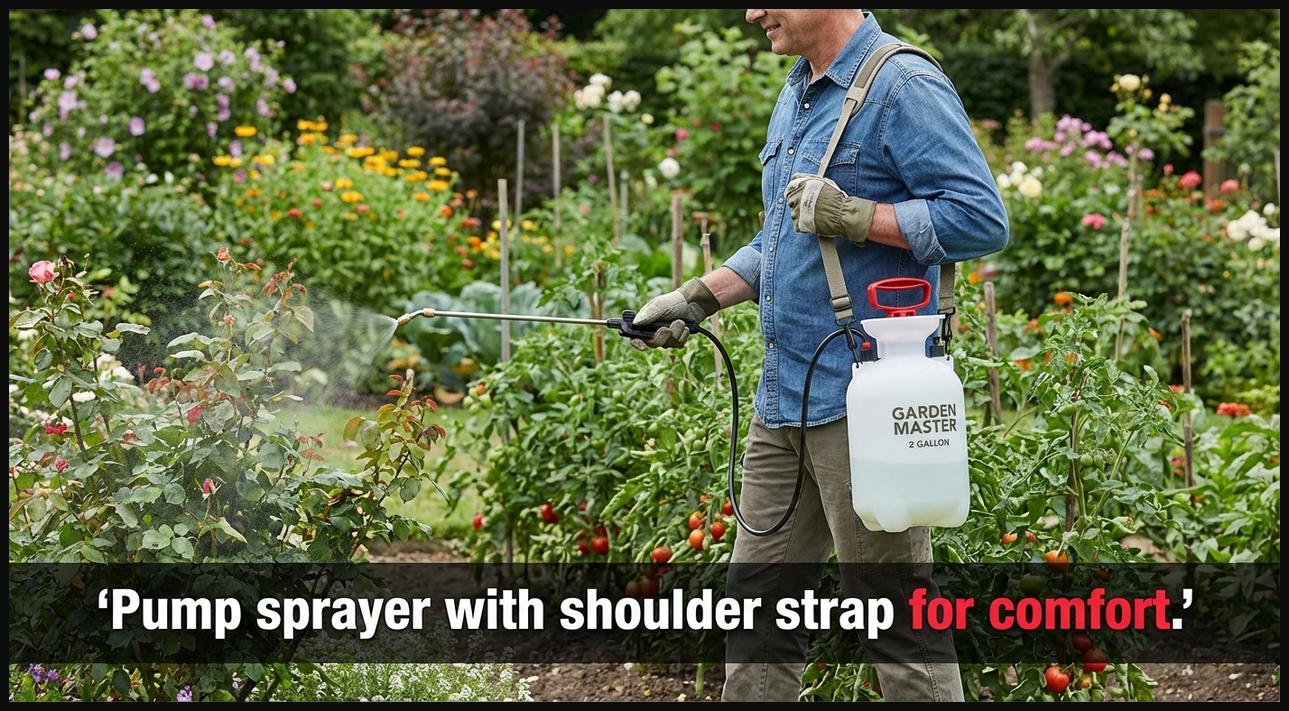 Gardener using a pump sprayer that features a comfortable shoulder strap, enhancing portability and reducing fatigue during use.